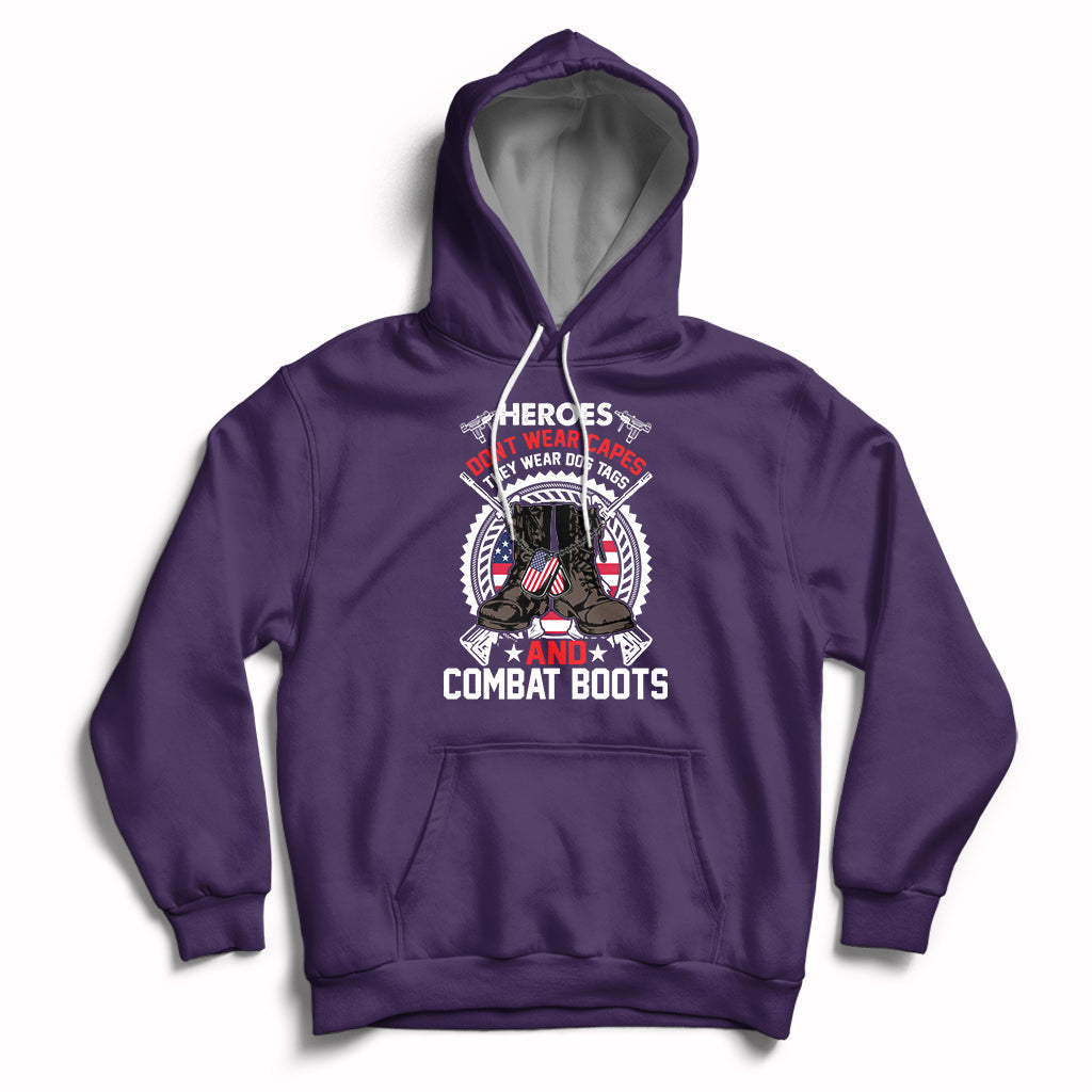 Purple pullover hoodie with front pocket and chest graphic, adjustable hood