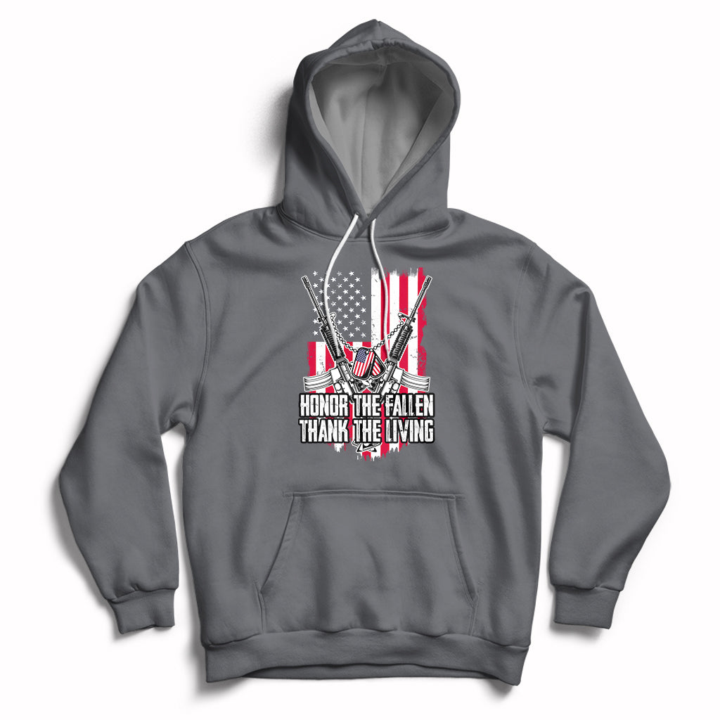 Charcoal pullover hoodie with patriotic graphic and white drawstrings, front pouch pocket