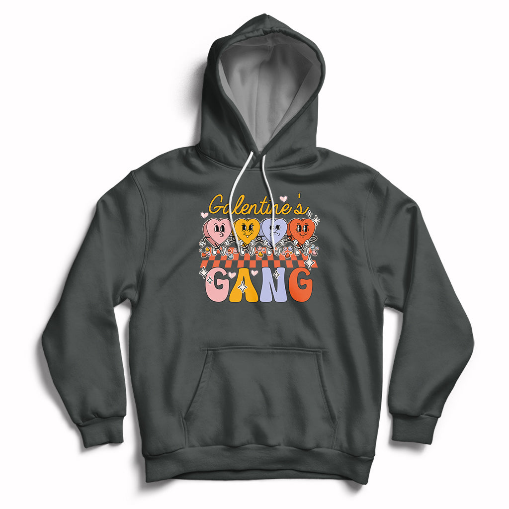 Yellow pullover hoodie with front graphic, kangaroo pocket, hood and white drawstrings.