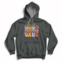 Yellow pullover hoodie with front graphic, kangaroo pocket, hood and white drawstrings.