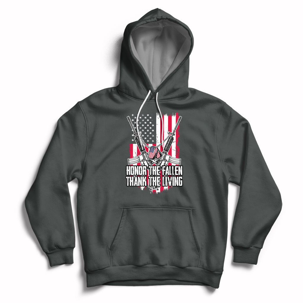 Dark gray pullover hoodie with patriotic graphic and white drawstrings, front pouch pocket