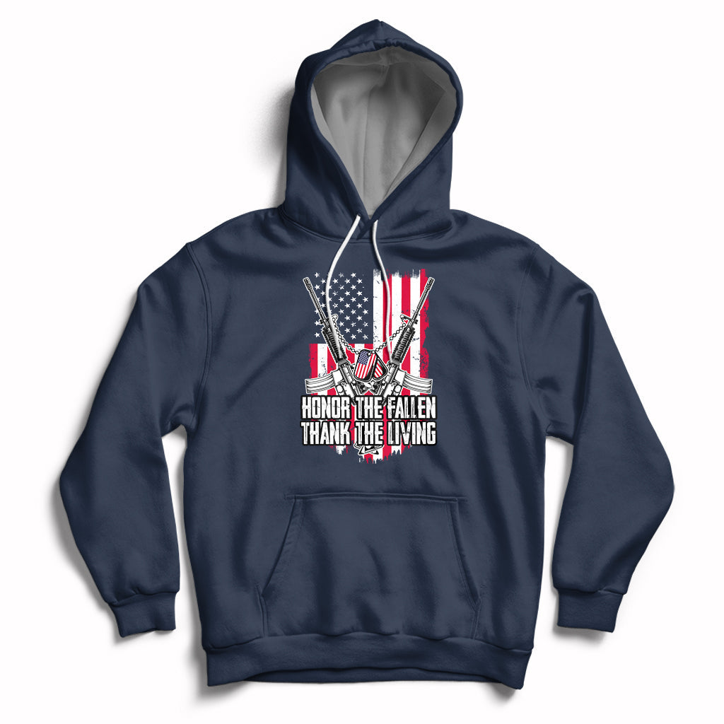 Navy pullover hoodie with patriotic graphic and white drawstrings, front pouch pocket