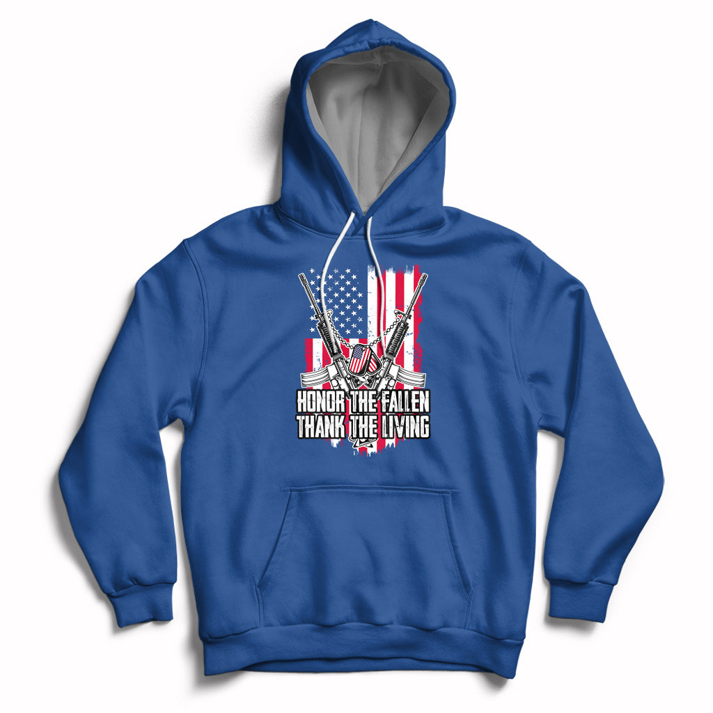 Royal blue pullover hoodie with patriotic graphic and white drawstrings, front pouch pocket