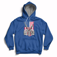 Royal blue pullover hoodie with patriotic graphic and white drawstrings, front pouch pocket