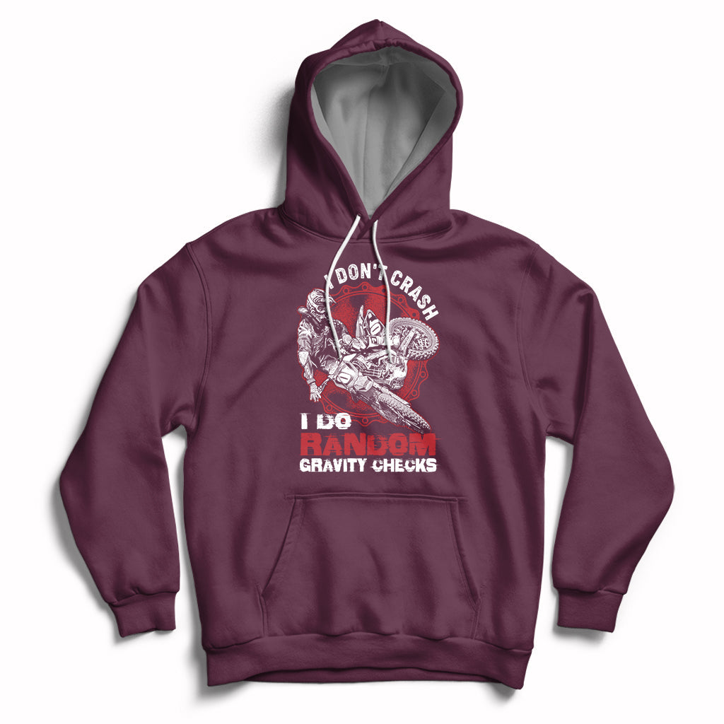 Maroon motocross biker hoodie with front graphic "Gravity Checks" and kangaroo pocket.