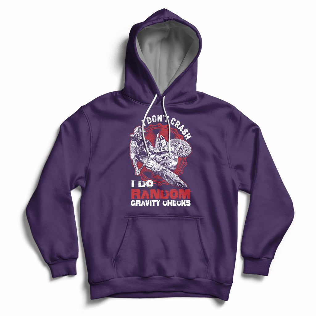 Purple motocross biker hoodie with front graphic "Gravity Checks" and kangaroo pocket.