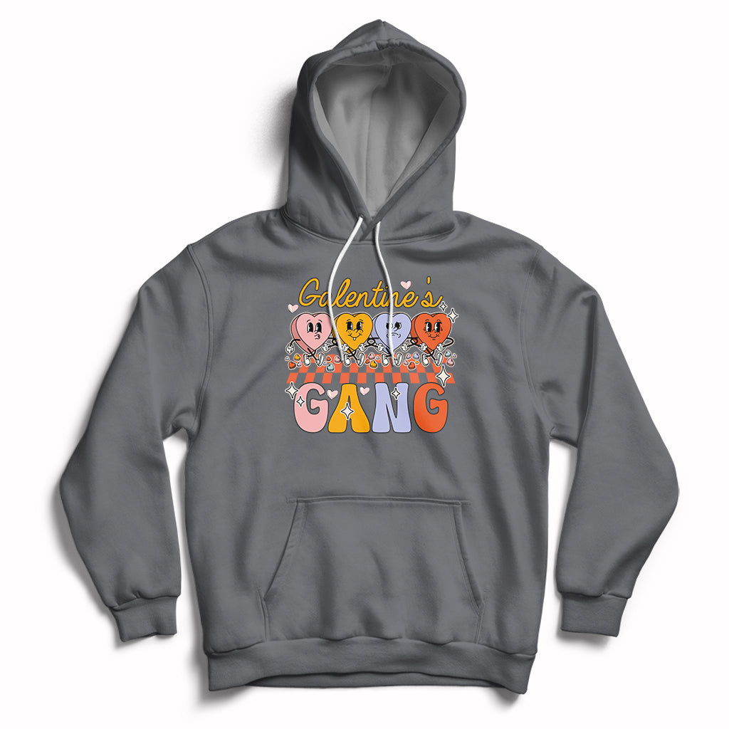 Dark gray pullover hoodie with front graphic, kangaroo pocket, hood and white drawstrings.