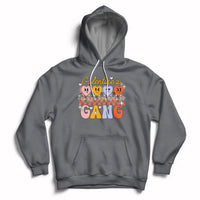 Dark gray pullover hoodie with front graphic, kangaroo pocket, hood and white drawstrings.