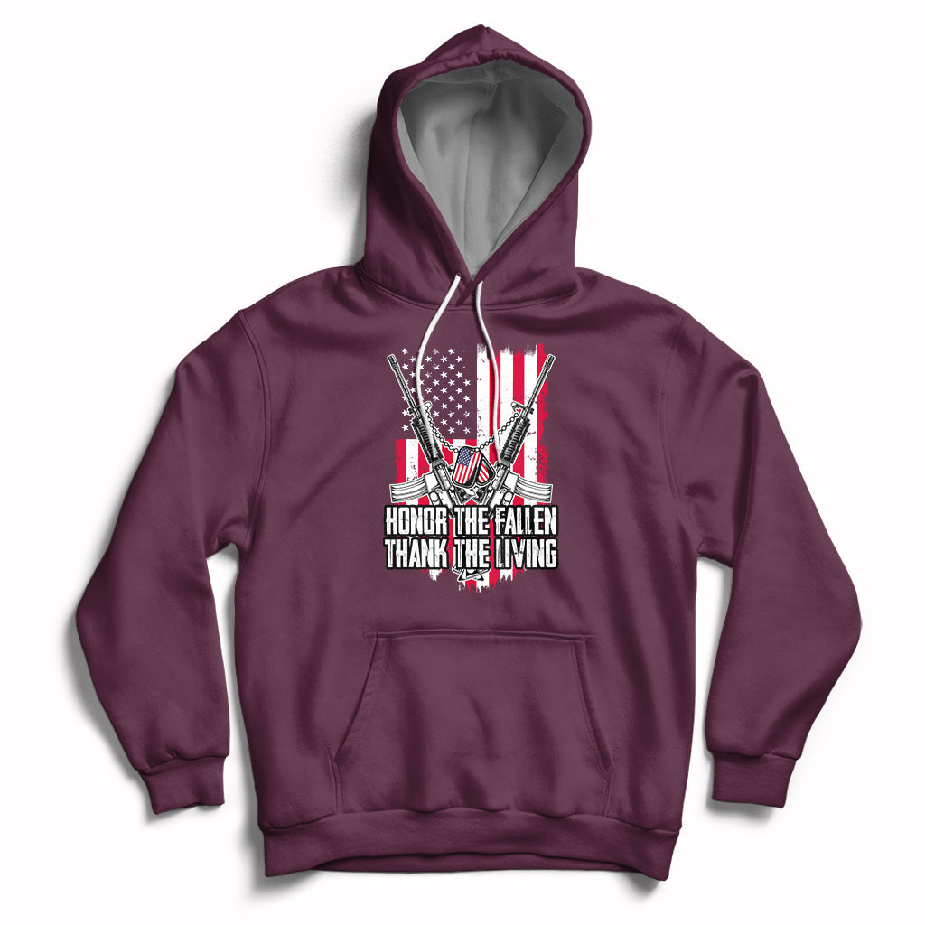 Maroon pullover hoodie with patriotic graphic and white drawstrings, front pouch pocket