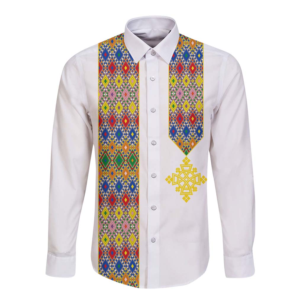 Habesha Tilet Pattern Long Sleeves Button Shirt Ethiopia Emblem - White LT7