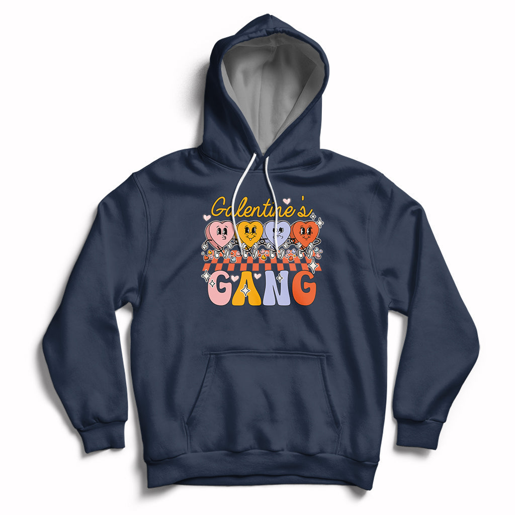 Navy pullover hoodie with front graphic, kangaroo pocket, hood and white drawstrings.