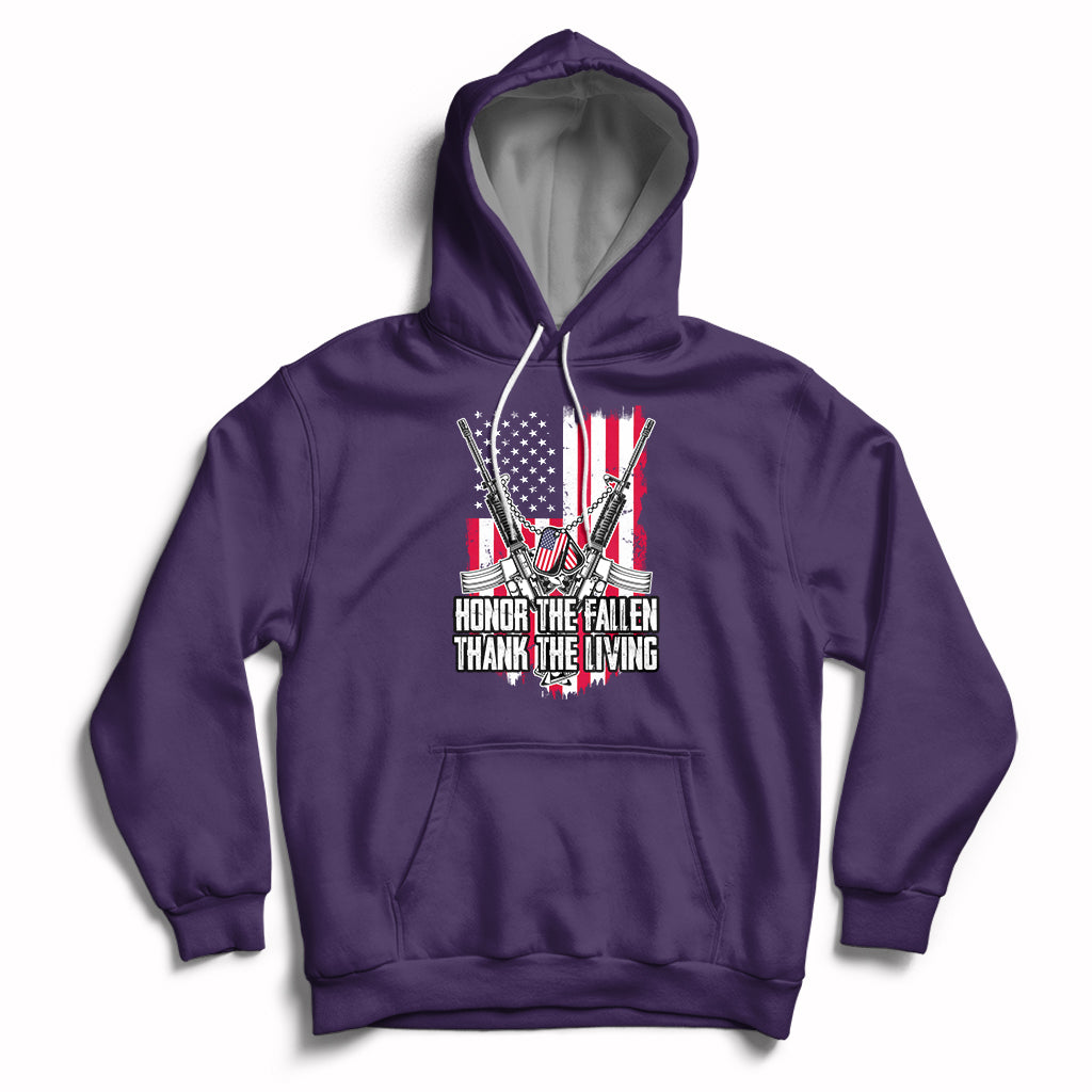 Purple pullover hoodie with patriotic graphic and white drawstrings, front pouch pocket