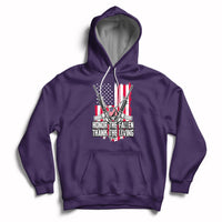 Purple pullover hoodie with patriotic graphic and white drawstrings, front pouch pocket