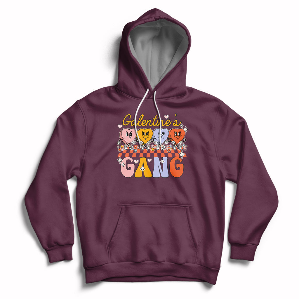 Deep purple pullover hoodie with front graphic, kangaroo pocket, hood and white drawstrings.