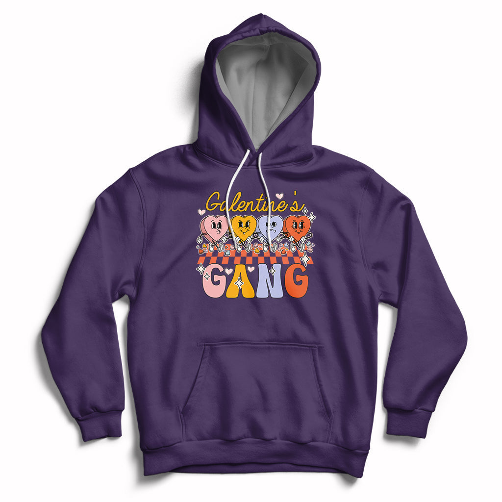 Purple pullover hoodie with front graphic, kangaroo pocket, hood and white drawstrings.