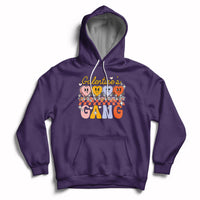 Purple pullover hoodie with front graphic, kangaroo pocket, hood and white drawstrings.