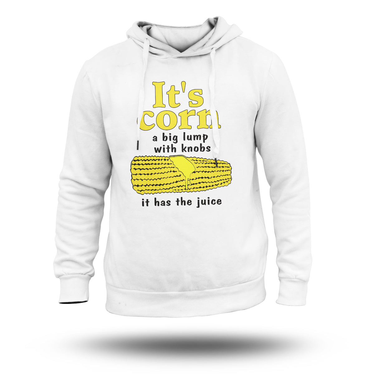 White pullover hoodie with yellow corn text and graphic on the chest