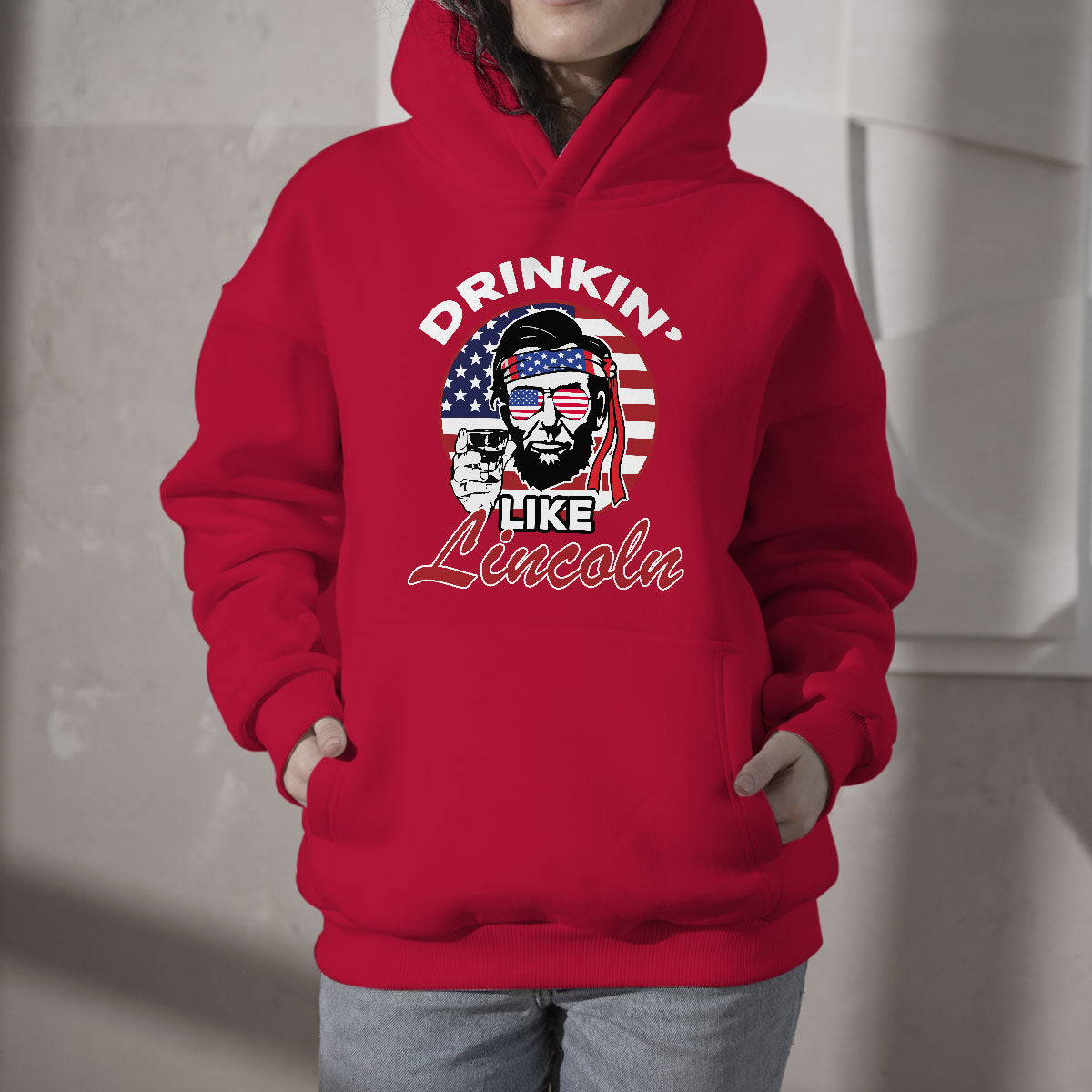 Drinking Like Lincoln 4th of July Men Abraham American Flag Hoodie - Wonder Print Shop