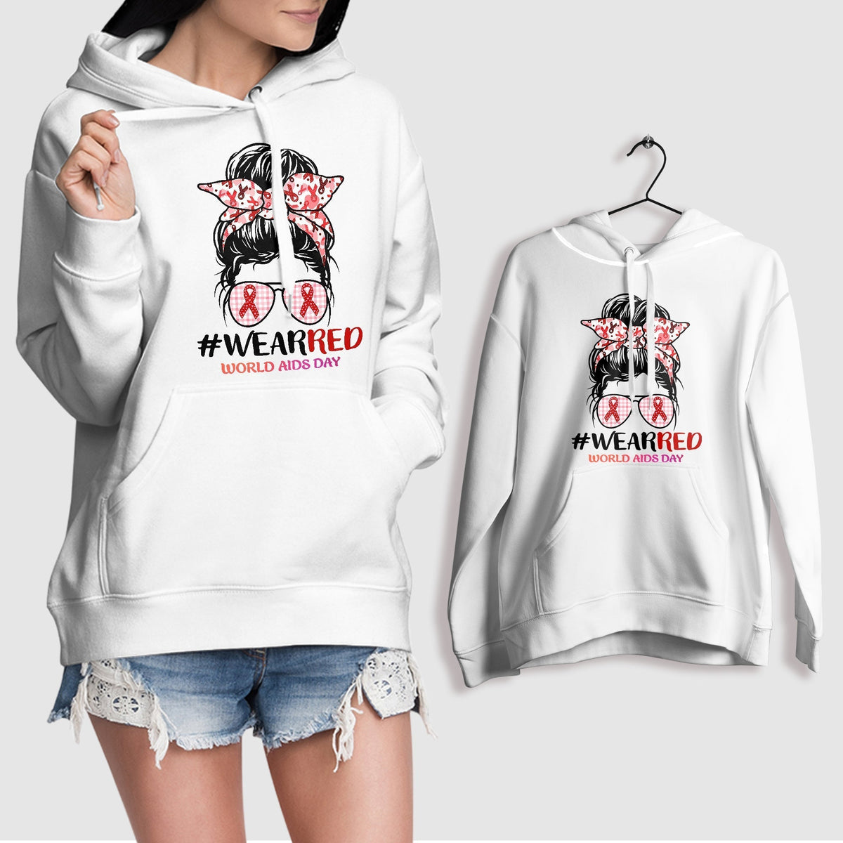 #Wearred World AIDS Day Messy Bun Red Ribbon, Awareness Hoodie - Wonder Print Shop