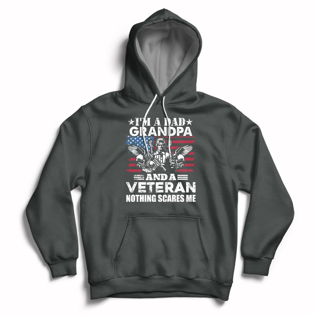 Charcoal gray veteran pride hoodie with chest graphic, front pocket, and drawstring hood