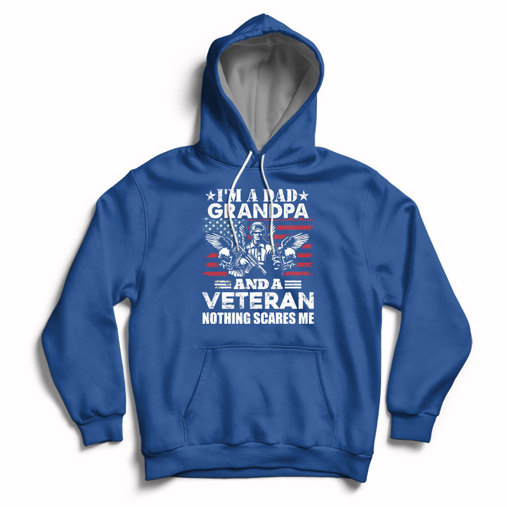 Royal blue veteran pride hoodie with chest graphic, front pocket, and drawstring hood