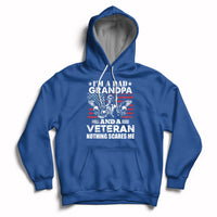 Royal blue veteran pride hoodie with chest graphic, front pocket, and drawstring hood