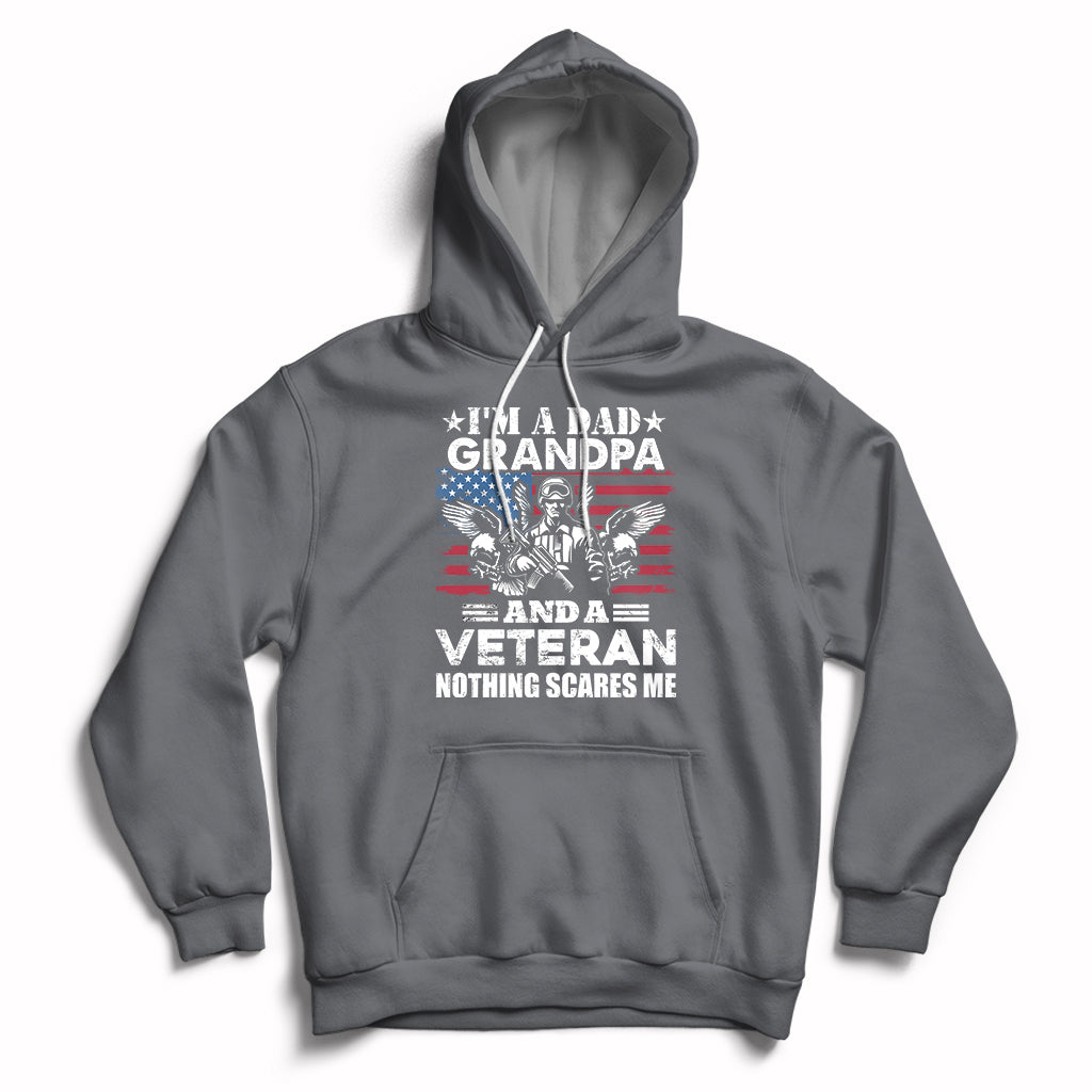 Dark gray veteran pride hoodie with chest graphic, front pocket, and drawstring hood