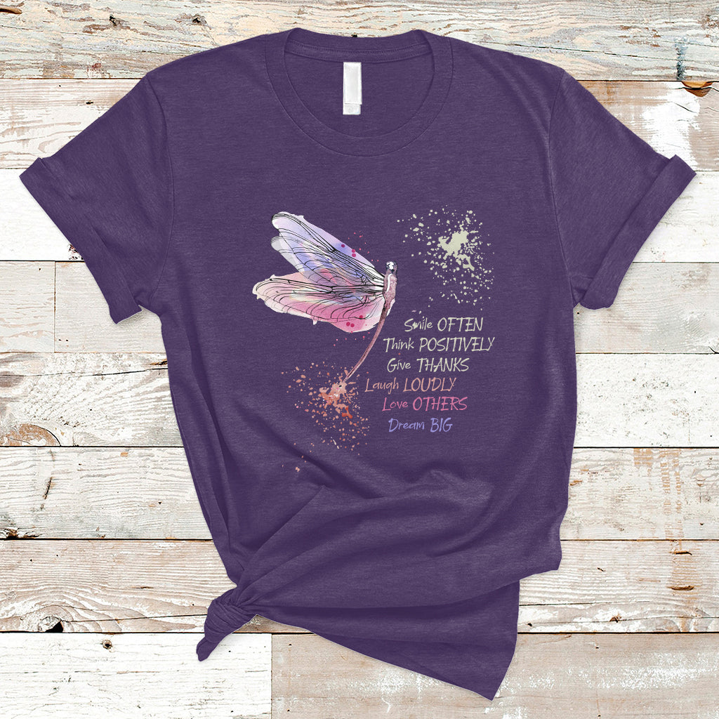 Dragonfly Smile Often Think Positively Give Thank Motivation T Shirt - Wonder Print Shop