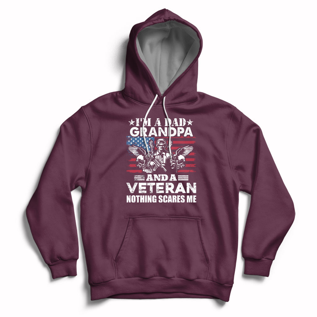 Maroon veteran pride hoodie with chest graphic, front pocket, and drawstring hood