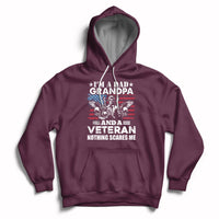 Maroon veteran pride hoodie with chest graphic, front pocket, and drawstring hood