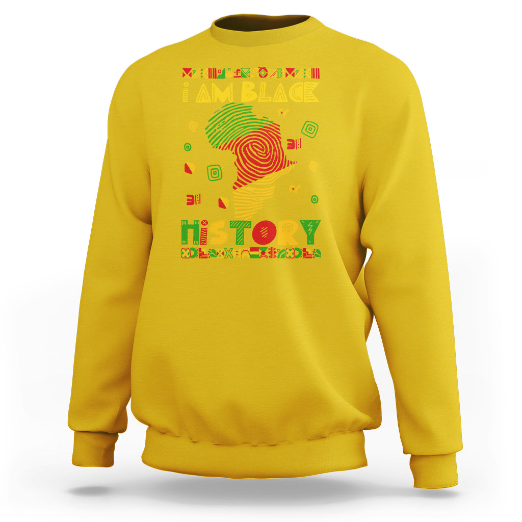 Daisy yellow crewneck sweatshirt with “I AM BLACK” and “HISTORY” colorful portrait graphic