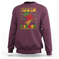 Maroon crewneck sweatshirt with “I AM BLACK” and “HISTORY” colorful portrait graphic