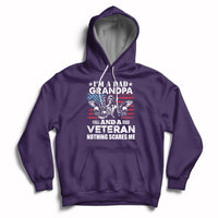Purple veteran pride hoodie with chest graphic, front pocket, and drawstring hood