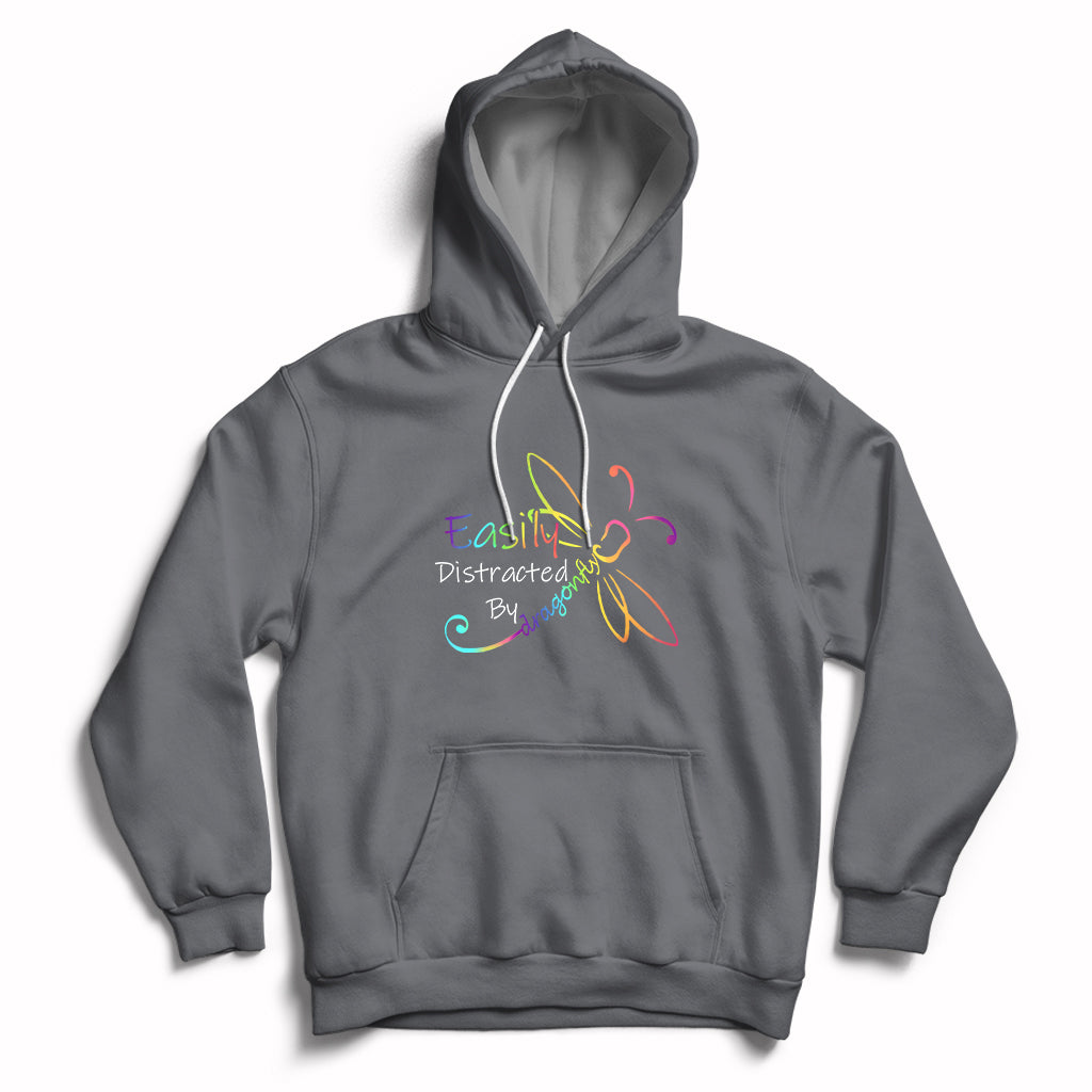 Dark gray hoodie with front pocket and colorful dragonfly graphic, pullover drawstring hood