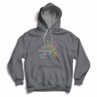 Dark gray hoodie with front pocket and colorful dragonfly graphic, pullover drawstring hood