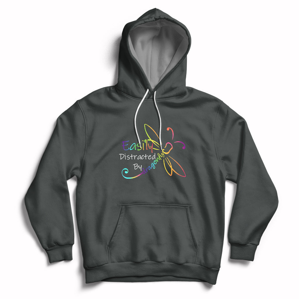 Charcoal gray hoodie with front pocket and colorful dragonfly graphic, pullover drawstring hood