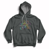 Charcoal gray hoodie with front pocket and colorful dragonfly graphic, pullover drawstring hood