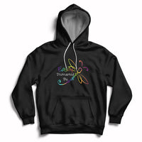 Black hoodie with front pocket and colorful dragonfly graphic, pullover drawstring hood
