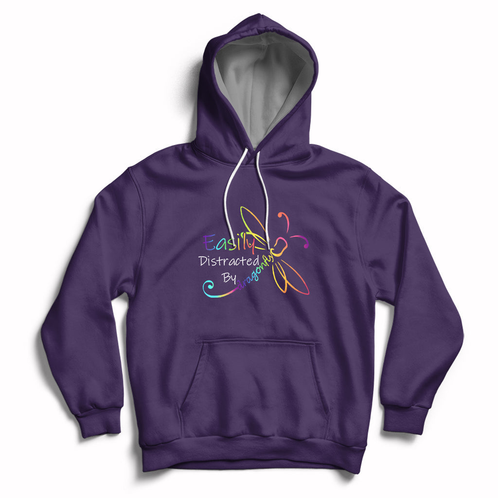 Purple hoodie with front pocket and colorful dragonfly graphic, pullover drawstring hood