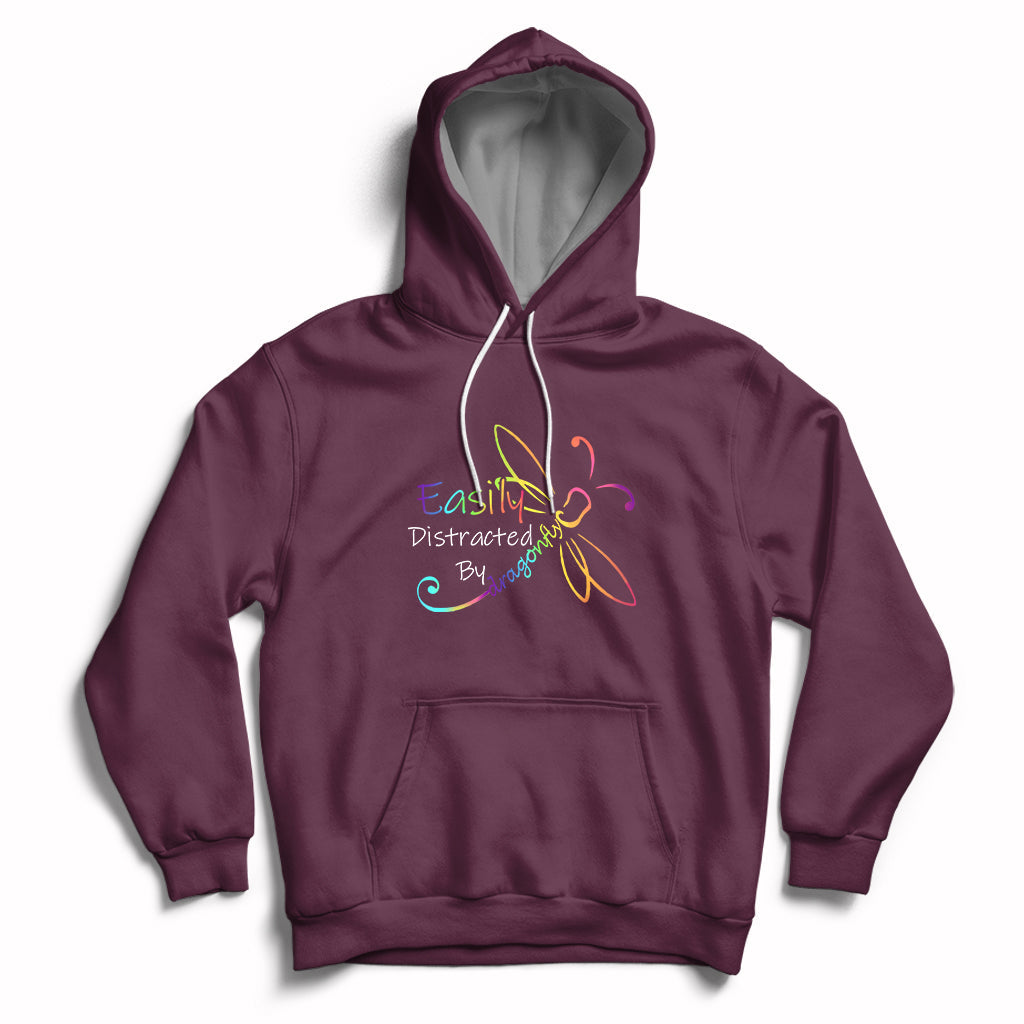 Maroon hoodie with front pocket and colorful dragonfly graphic, pullover drawstring hood