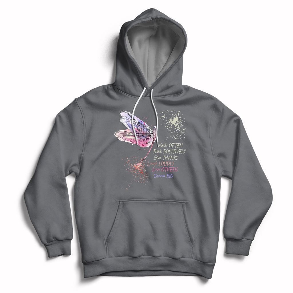 Dragonfly Smile Often Think Positively Give Thank Motivation Hoodie - Wonder Print Shop