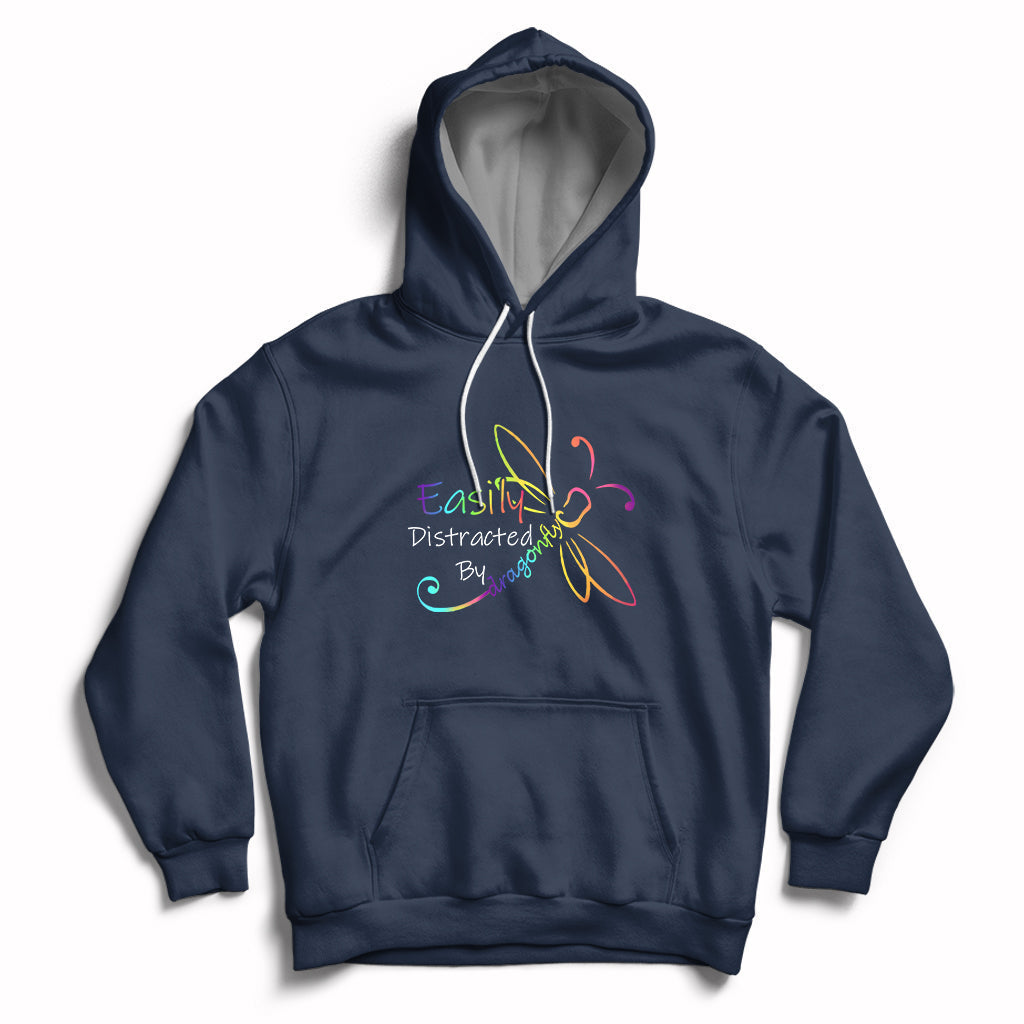 Navy hoodie with front pocket and colorful dragonfly graphic, pullover drawstring hood