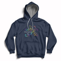 Navy hoodie with front pocket and colorful dragonfly graphic, pullover drawstring hood