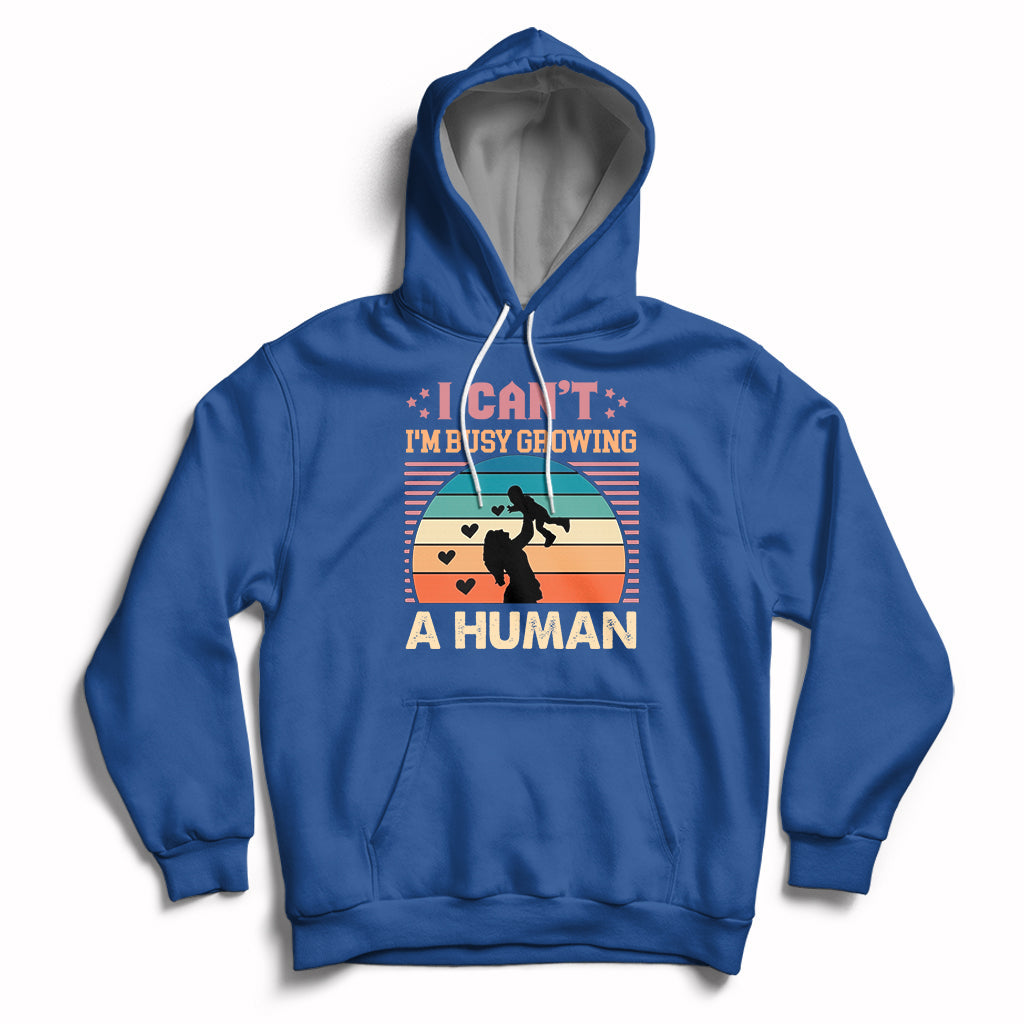 Royal blue maternity pullover hoodie with kangaroo pocket and drawstring hood; busy human graphic