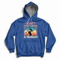 Royal blue maternity pullover hoodie with kangaroo pocket and drawstring hood; busy human graphic