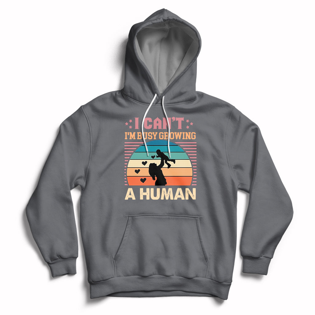Charcoal gray maternity pullover hoodie with kangaroo pocket and drawstring hood; busy human graphic