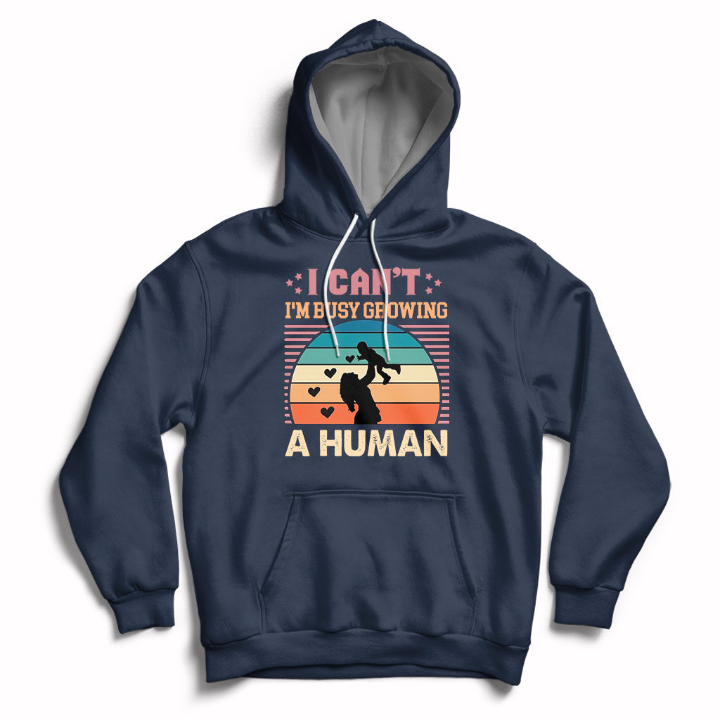Navy maternity pullover hoodie with kangaroo pocket and drawstring hood; busy human graphic