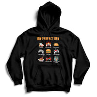 Black gaming hoodie with drawstring hood, front pocket, and colorful game character graphic.