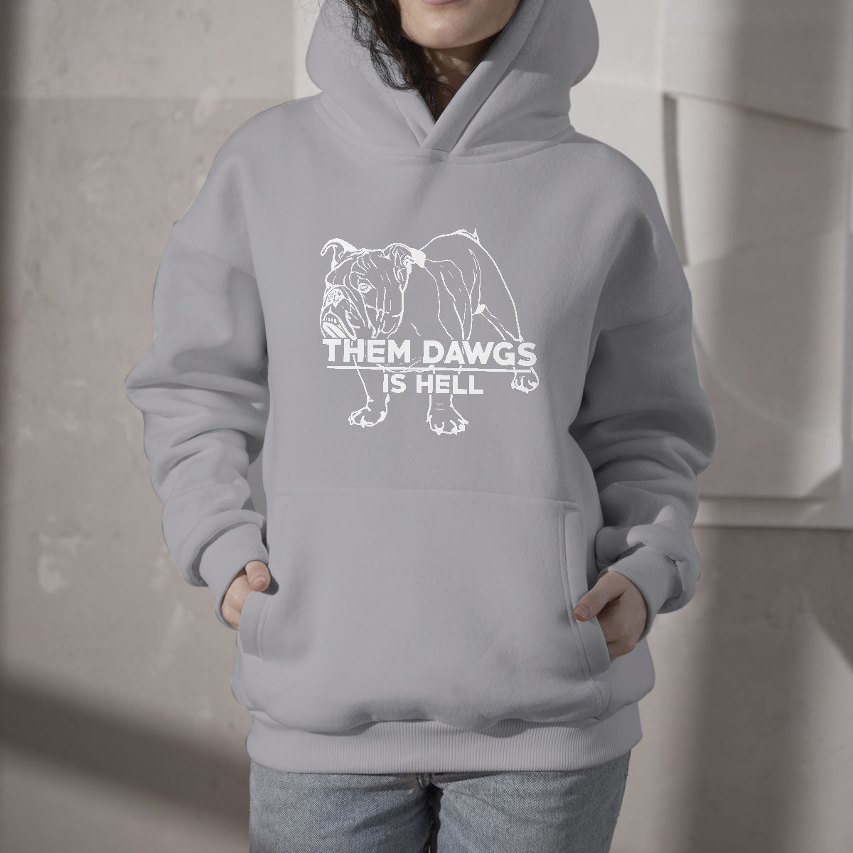 Light gray bulldog graphic hoodie with front text print, pullover hood and kangaroo pocket
