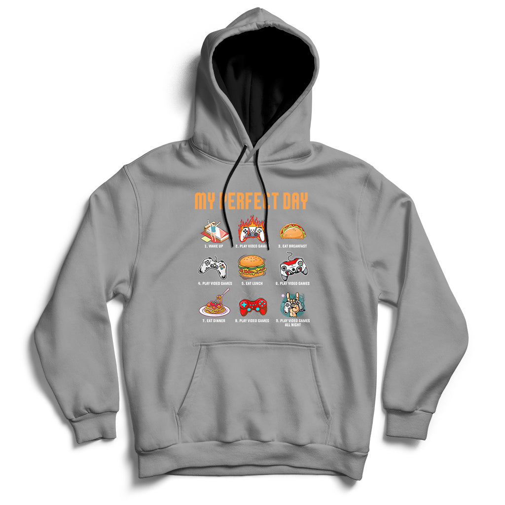 Gray gaming hoodie with drawstring hood, front pocket, and colorful game character graphic.